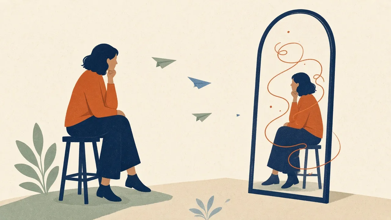 Illustration of a woman on a stool studying her reflection, with paper airplanes in the room and a looping orange line in the mirror.