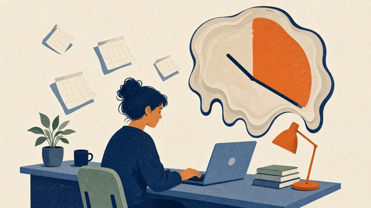 Illustration of a person working at a laptop while a clock face melts on the wall behind them, an orange wedge marking the time left.