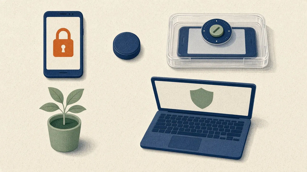 Flat-lay illustration of a phone with a padlock, a small round puck, a phone in a timed lock box, a laptop with a shield icon and a seedling.