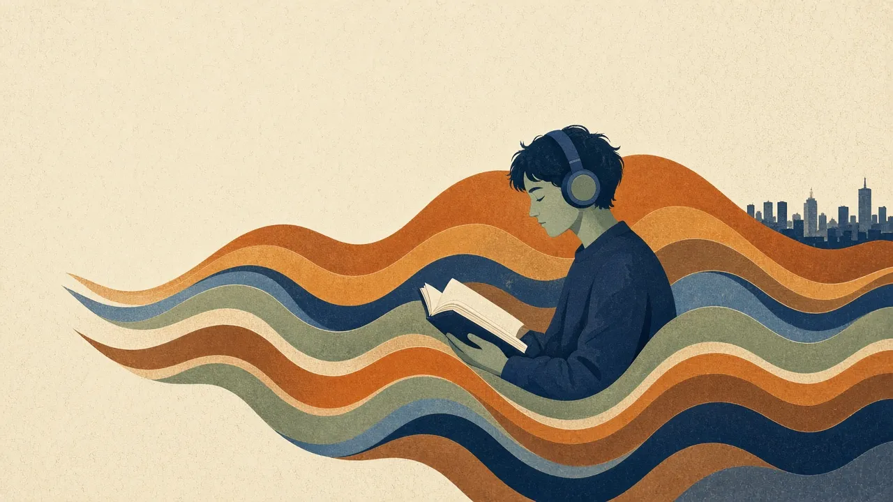 Illustration of a person in headphones reading a book, wrapped in layered brown and orange sound waves that hide a distant city.