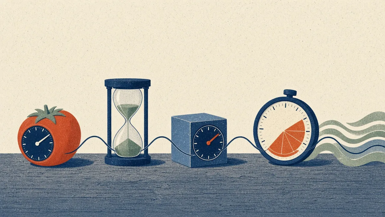 Illustration of a row of timers on a desk: a tomato timer, an hourglass, a cube timer and a visual countdown timer, linked by a wavy line.