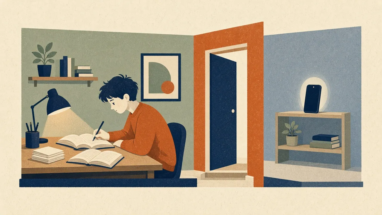 Illustration of a student studying at a lamp-lit desk while their phone sits alone on a shelf in the next room.