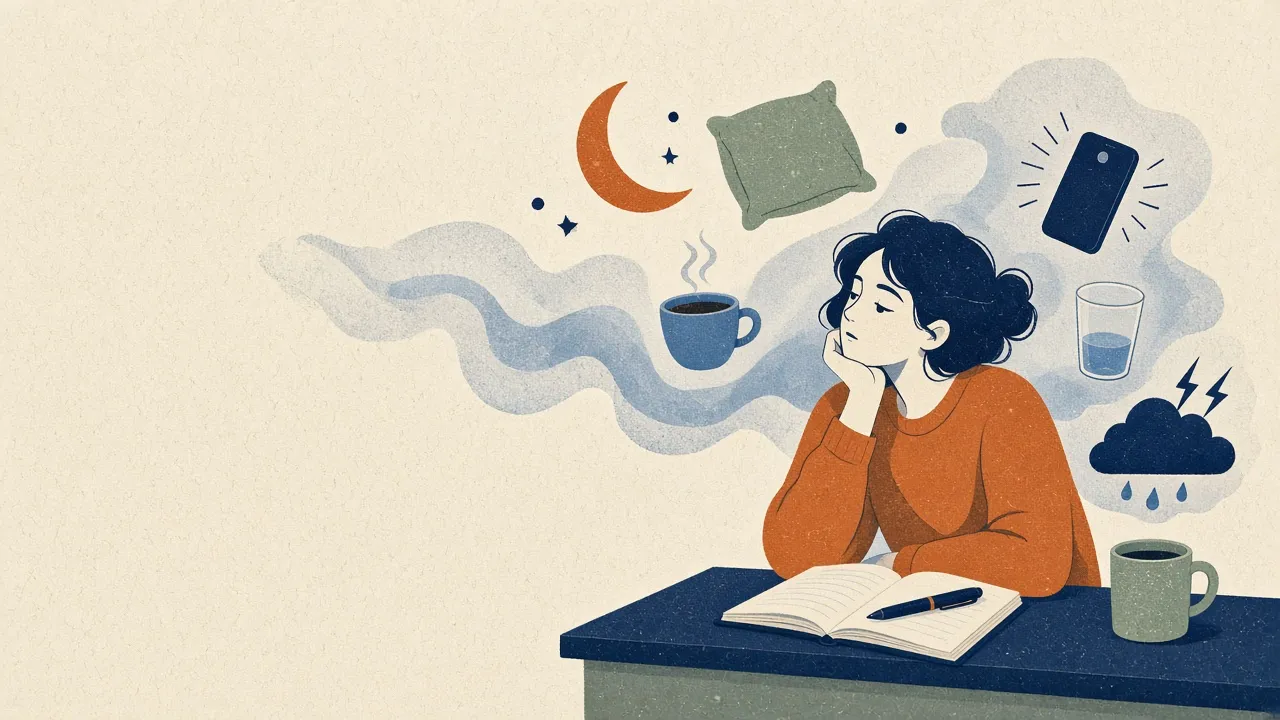 Illustration of a tired person at a desk surrounded by a soft fog holding a moon, pillow, coffee cup, buzzing phone, water glass and storm cloud.