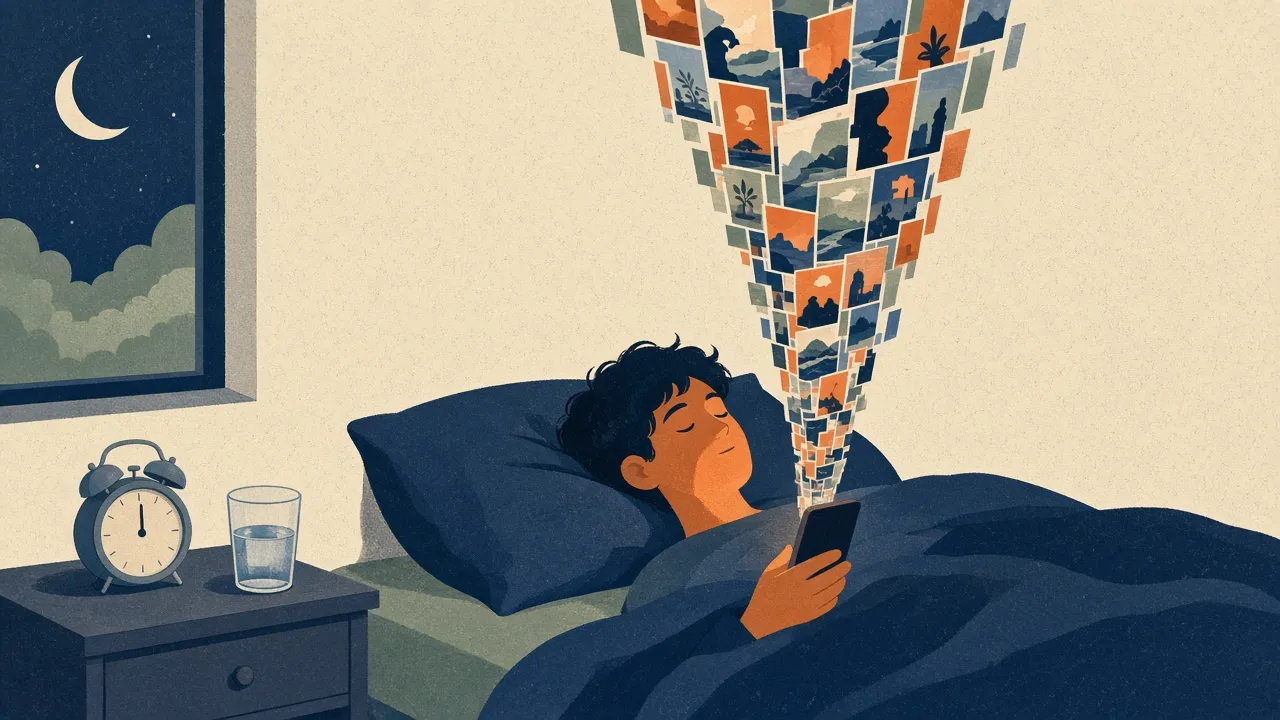 Illustration of a person in bed at night, face lit by their phone, as a tall stream of video thumbnails pours up out of the screen.